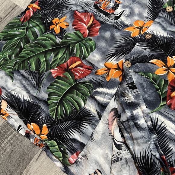 VTG Kennington Canoeing Hula Girls Gray Loop Collar Hawaiian Rayon Button Shirt - Picture 4 of 6